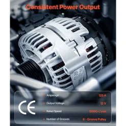 VEVOR Car Alternator 11185, Fit for Chevrolet Impala LS, LT 3.5L 2006-2011, Impala LTZ 3.9L 2009-2010, Monte Carlo V6 2006-2007, Automotive Replacement Alternator 0124425102, 0124425032, 10335497