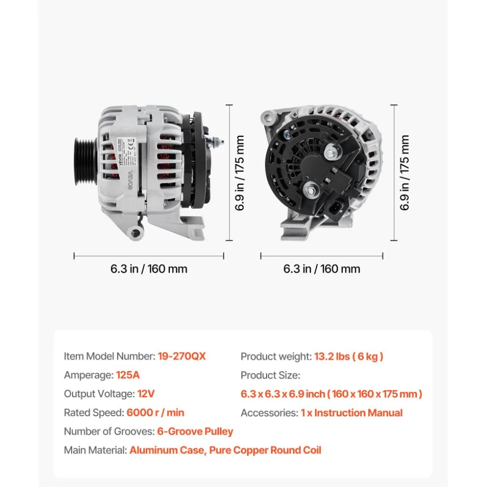 VEVOR Car Alternator 11185, Fit for Chevrolet Impala LS, LT 3.5L 2006-2011, Impala LTZ 3.9L 2009-2010, Monte Carlo V6 2006-2007, Automotive Replacement Alternator 0124425102, 0124425032, 10335497
