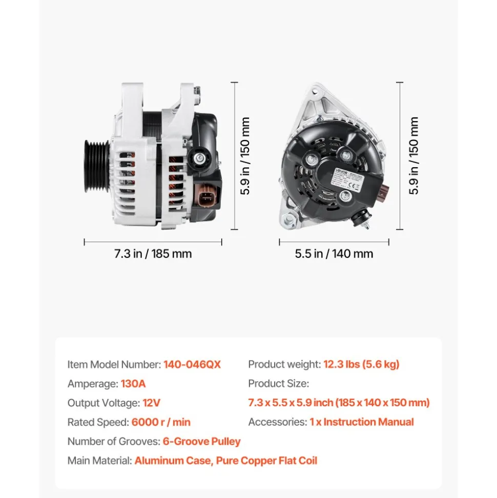 VEVOR Car Alternator 11032, Fit for Toyota Highlander V6 3.3L 2004-2007, Sienna 2004-2006, Lexus RX330 3.3L 2004-2006, Automotive Replacement Alternator 27060-0A100, 27060-0A130, AL3315X, 400-52140R