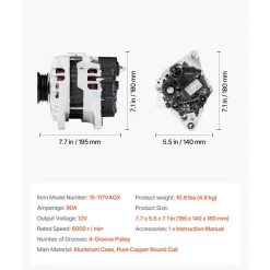 VEVOR Car Alternator 11311N, Fit for KIA Spectra5 L4 2.0L 2007-2009, Soul 2010-2011, for HYUNDAI Elantra L4 2.0L 2007-2012, Automotive Replacement Alternator 211311, 2655635, 3730023650, 40046020