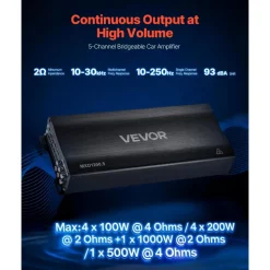 VEVOR Car Audio Amplifier, 5-Channel Bridgeable Car Amplifier, Multichannel Class D Stereo Amp, Max. 4 x 100W at 4 Ohms / 4 x 200W at 2 Ohms + 1 x 1000W at 2 Ohms / 1 x 500W at 4 Ohms, for Vehicles