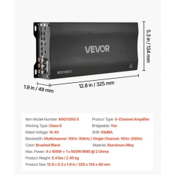 VEVOR Car Audio Amplifier, 5-Channel Bridgeable Car Amplifier, Multichannel Class D Stereo Amp, Max. 4 x 100W at 4 Ohms / 4 x 200W at 2 Ohms + 1 x 1000W at 2 Ohms / 1 x 500W at 4 Ohms, for Vehicles