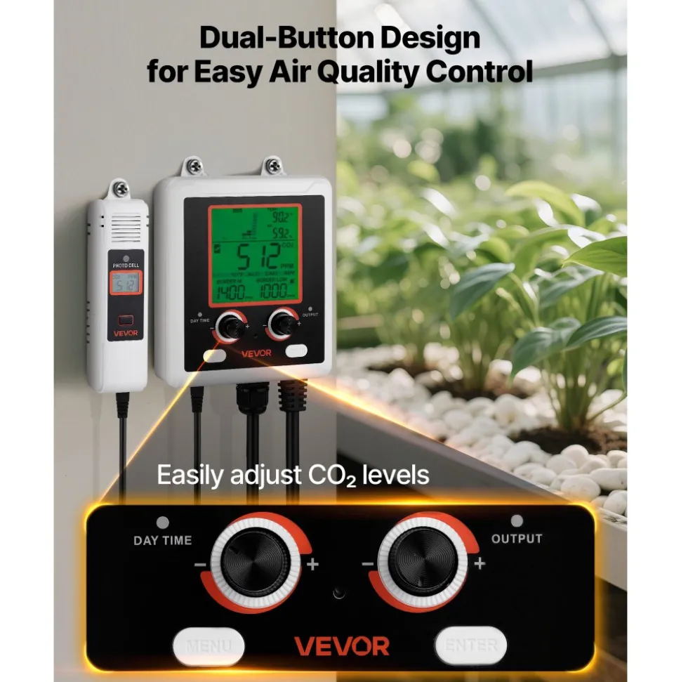 VEVOR Carbon Dioxide Monitoring Controller, Dual Outlets Carbon Dioxide Controller, CO2 Meter Monitor Day and Night Detection Feature, NDIR CO2 Sensor for Green House, Laboratories, Classrooms, Home