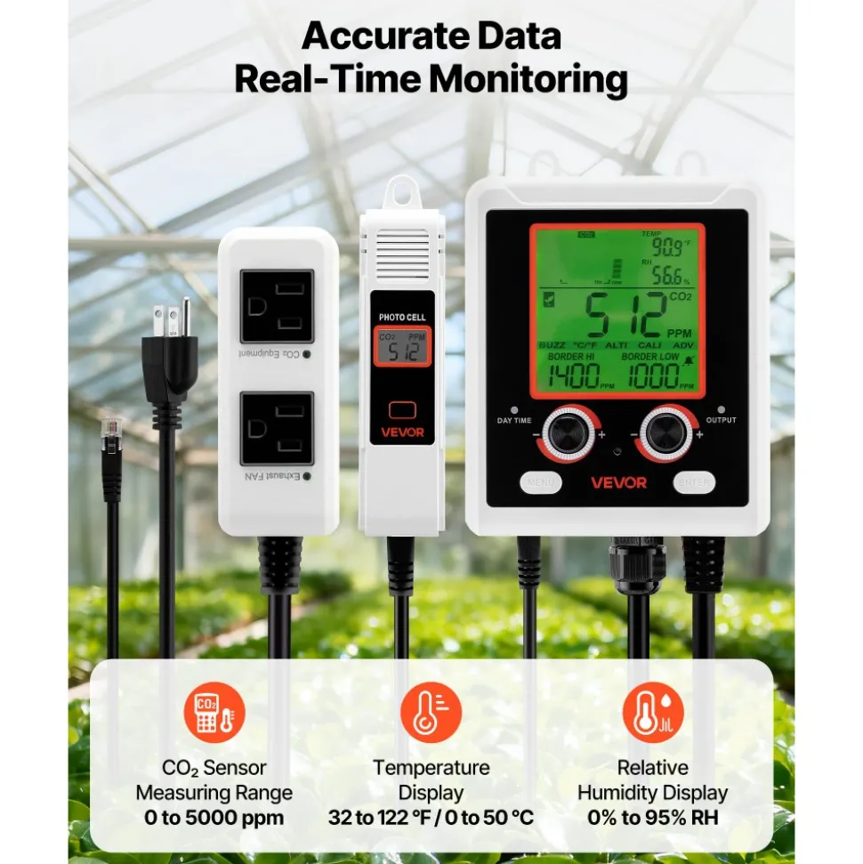 VEVOR Carbon Dioxide Monitoring Controller, Dual Outlets Carbon Dioxide Controller, CO2 Meter Monitor Day and Night Detection Feature, NDIR CO2 Sensor for Green House, Laboratories, Classrooms, Home