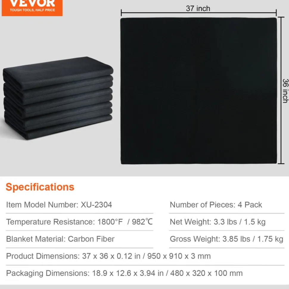 VEVOR Carbon Felt Welding Blanket 4 Pack, 37" x 36" Flame Retardant Welding Blanket, Up To 1800°F Heat Resistant Blanket Set, Cuttable Carbon Fiber Fire Retardant Insulation Welding Mat Pad