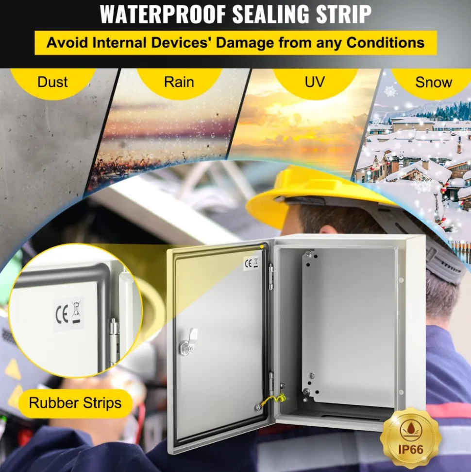 VEVOR Carbon Steel Electrical Box, 16x12x6 inches, Hinged Cover, IP66 Waterproof & Dust Resistant, Suitable for Outdoor Use, Includes Mounting Plate