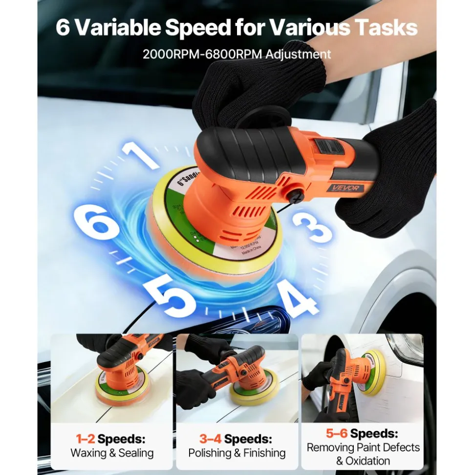 VEVOR Car Buffer Polisher, 6-Inch Dual Action Polisher Buffer Waxer, 650W 6 Variable Speeds 2000-6800RPM Random Orbital Polisher Kit for Cars Detailing, Waxing, Polishing