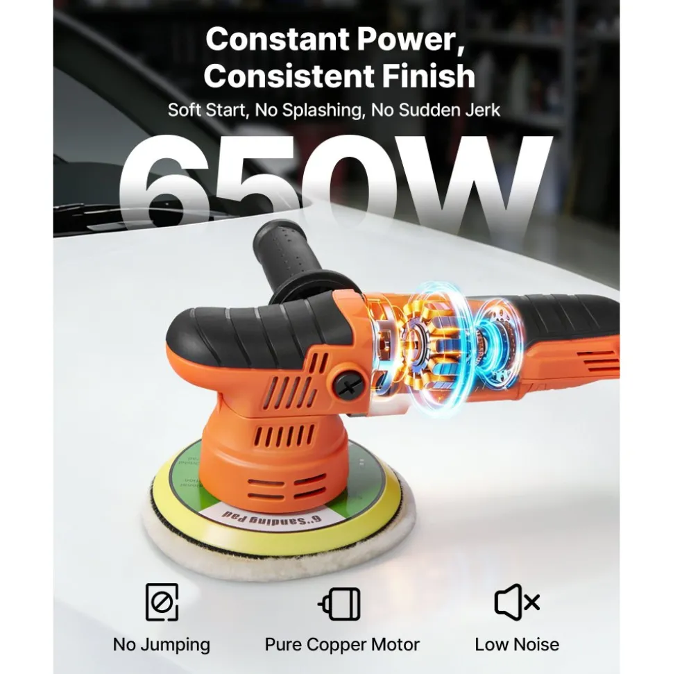VEVOR Car Buffer Polisher, 6-Inch Dual Action Polisher Buffer Waxer, 650W 6 Variable Speeds 2000-6800RPM Random Orbital Polisher Kit for Cars Detailing, Waxing, Polishing