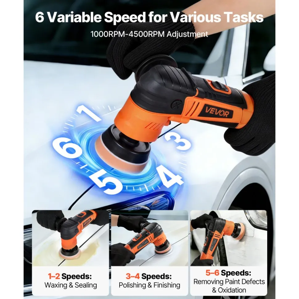 VEVOR Car Buffer Polisher, 1.2"/2"/3" Rotary Polisher Buffer, 600W 6 Variable Speeds 1000-4500RPM Car Polisher Waxer Kit for Cars Detailing, Waxing, Polishing, Scratch Removal