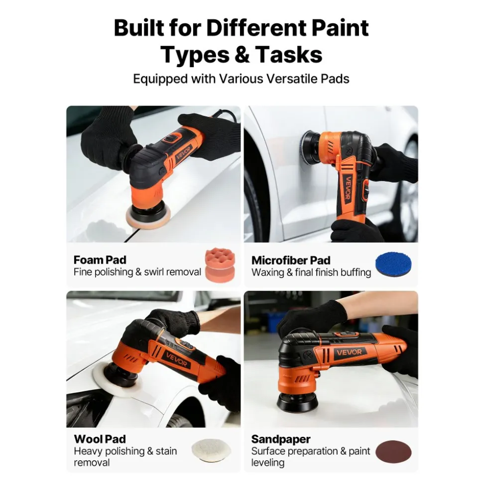 VEVOR Car Buffer Polisher, 1.2"/2"/3" Rotary Polisher Buffer, 600W 6 Variable Speeds 1000-4500RPM Car Polisher Waxer Kit for Cars Detailing, Waxing, Polishing, Scratch Removal