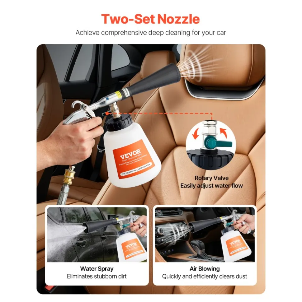 VEVOR Car Cleaning Gun, 6-9.2 Bar High-Pressure Air Blow Gun with 2 Set Nozzles & 1L Liquid Bottle, Vortex Cleaning Gun, Quickly Blasts Dirt and Dust from Surface, Suitable for 1/4 NPT Air Compressor