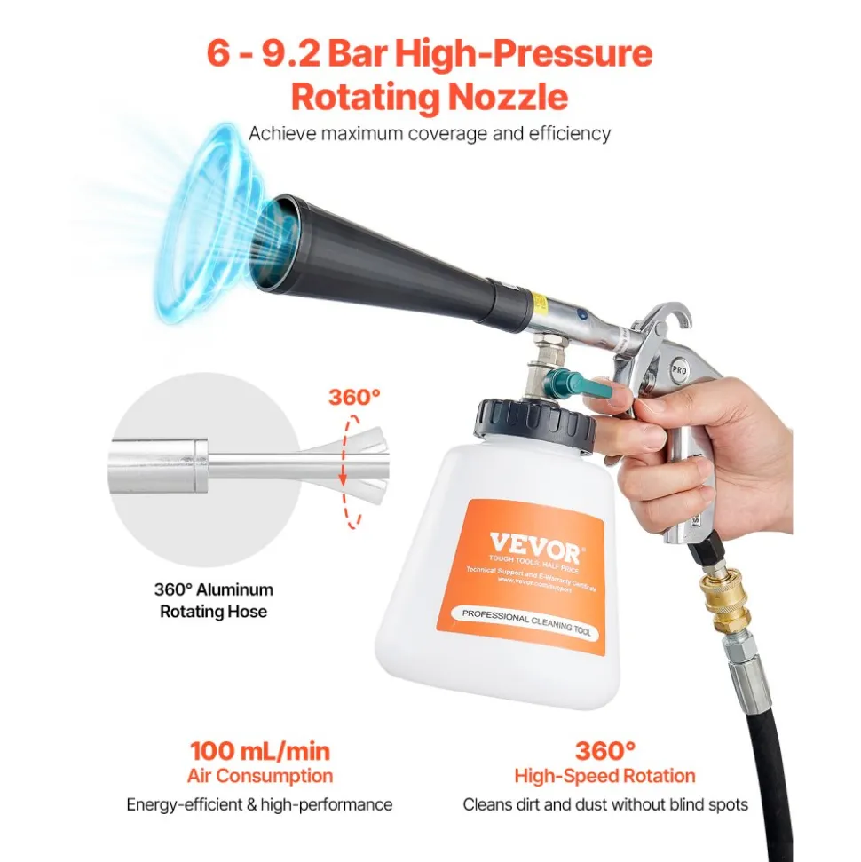 VEVOR Car Cleaning Gun, 6-9.2 Bar High-Pressure Air Blow Gun with 2 Set Nozzles & 1L Liquid Bottle, Vortex Cleaning Gun, Quickly Blasts Dirt and Dust from Surface, Suitable for 1/4 NPT Air Compressor