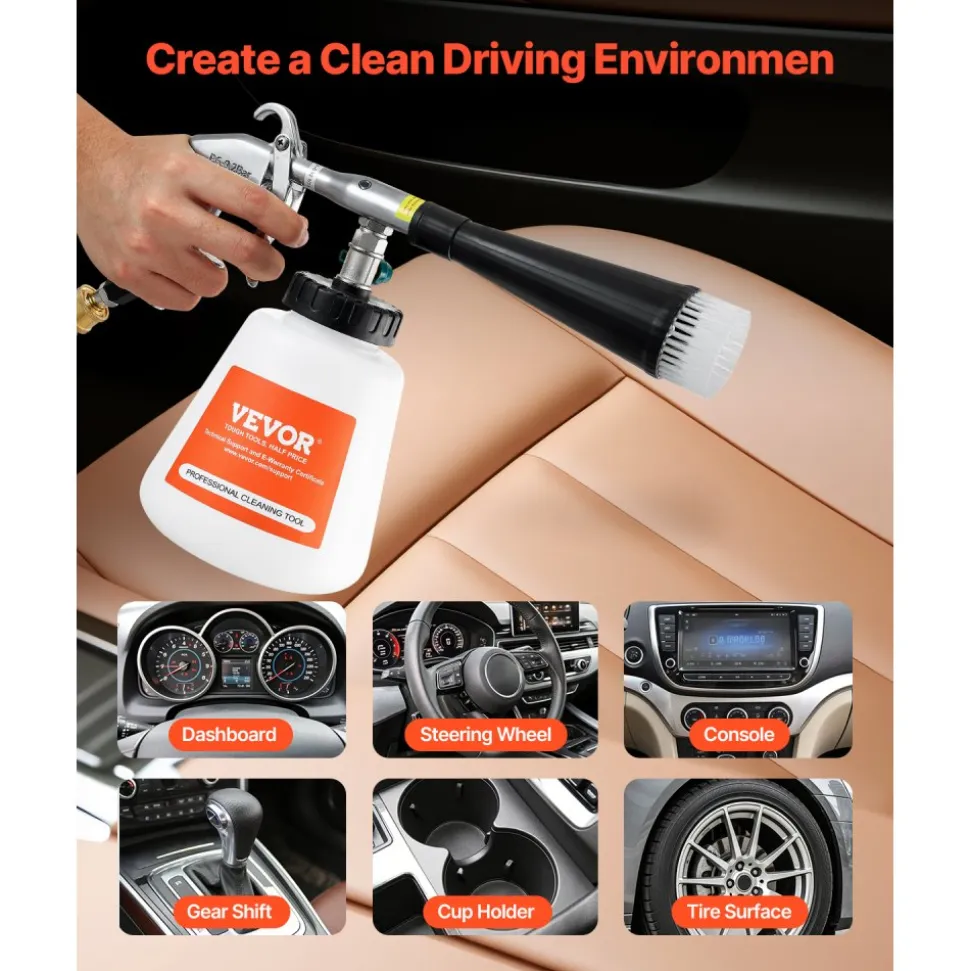 VEVOR Car Cleaning Gun, 6-9.2 Bar High-Pressure Air Blow Gun with 2 Set Nozzles & 1L Liquid Bottle, Vortex Cleaning Gun, Quickly Blasts Dirt and Dust from Surface, Suitable for 1/4 NPT Air Compressor