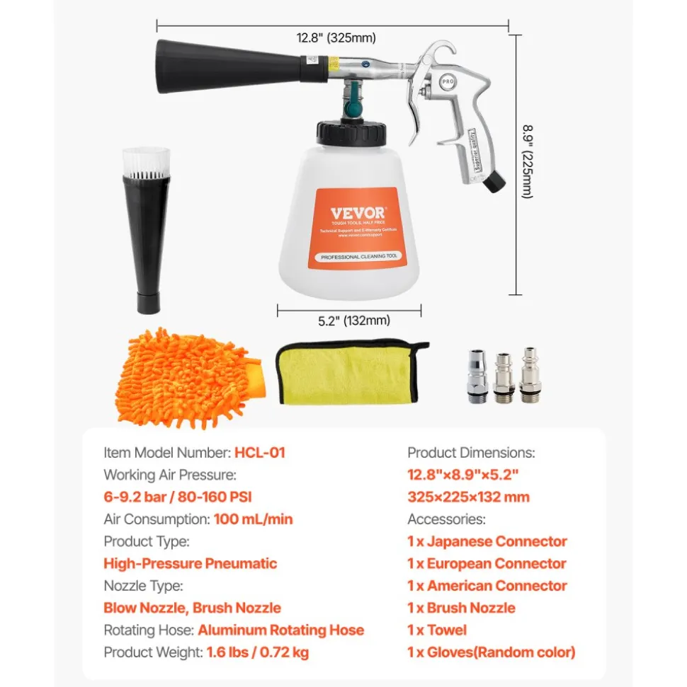VEVOR Car Cleaning Gun, 6-9.2 Bar High-Pressure Air Blow Gun with 2 Set Nozzles & 1L Liquid Bottle, Vortex Cleaning Gun, Quickly Blasts Dirt and Dust from Surface, Suitable for 1/4 NPT Air Compressor