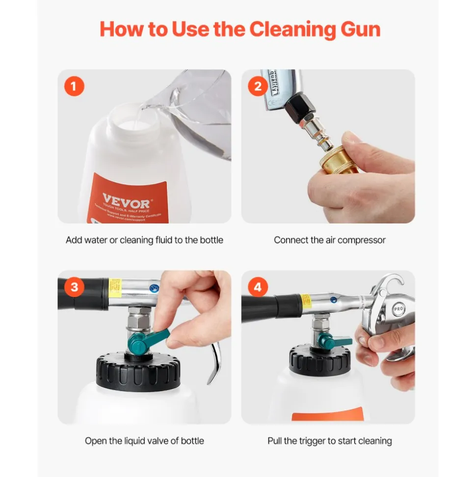VEVOR Car Cleaning Gun, 6-9.2 Bar High-Pressure Air Blow Gun with 2 Set Nozzles & 1L Liquid Bottle, Vortex Cleaning Gun, Quickly Blasts Dirt and Dust from Surface, Suitable for 1/4 NPT Air Compressor