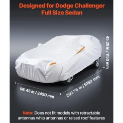 VEVOR Car Cover, Car Cover Waterproof for Dodge Challenger Full Size Sedan, Custom-fit All Weather Sun Rain Wind Dust Snow Protection Full Exterior Covers with Door Zipper and Cotton Lining, Silver