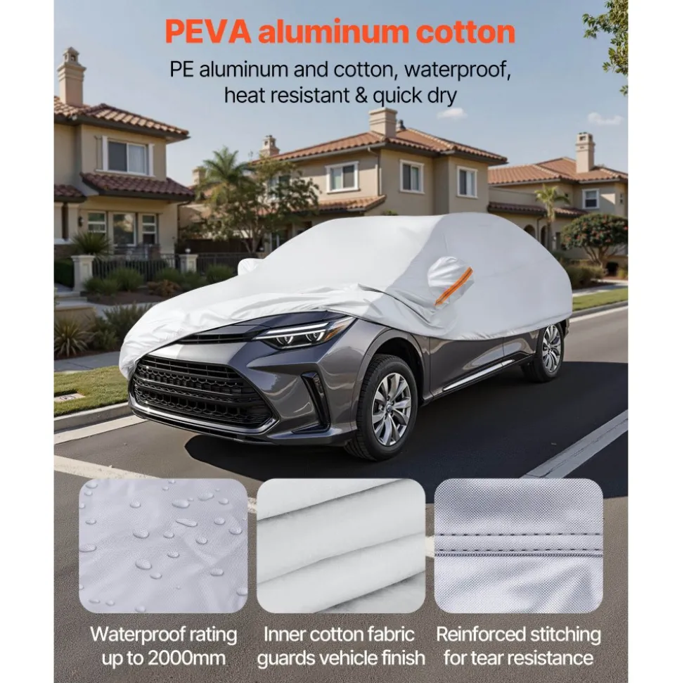 VEVOR Car Cover, Car Cover Waterproof for Dodge Challenger Full Size Sedan, Custom-fit All Weather Sun Rain Wind Dust Snow Protection Full Exterior Covers with Door Zipper and Cotton Lining, Silver