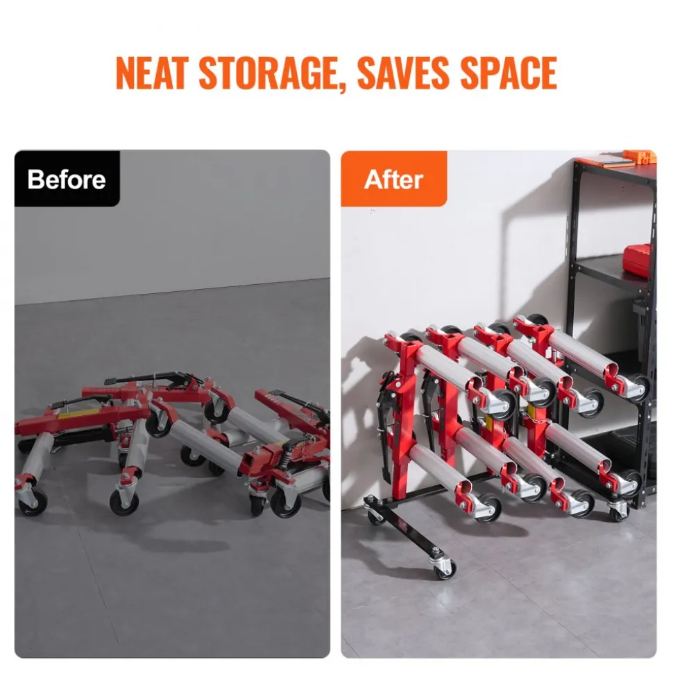 VEVOR Car Dolly Rack, Storage Rack with 360° Rotatable Wheels, Hydraulic Ratchet Trolley Jack Stand Organizer, Jack Stands Holder Storage Rack, 4-Dolly Capacity, Compatible with Most Dollies