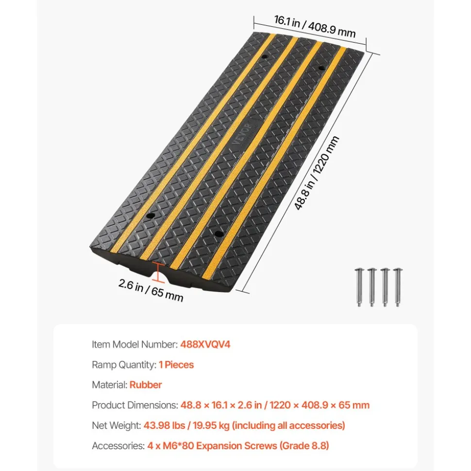 VEVOR Car Driveway Rubber Curb Ramp, 33069 lbs Load Capacity, 2.6 inch Rise Curbside Bridge Ramp with Yellow Reflective Strips, Suitable for Loading Dock, Warehouse, Garage, Sidewalk (1 Pack)