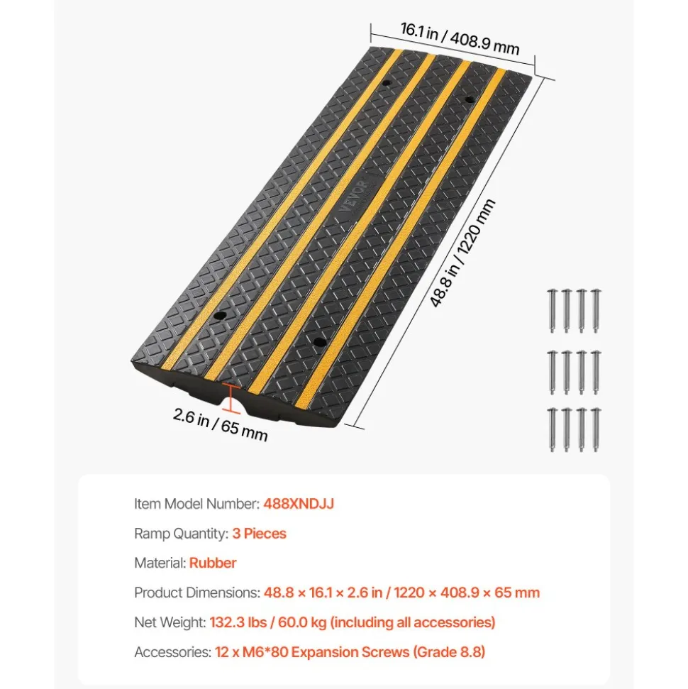 VEVOR Car Driveway Rubber Curb Ramp, 33069 lbs Load Capacity, 2.6 inch Rise Curbside Bridge Ramp with Yellow Reflective Strips, Suitable for Loading Dock, Warehouse, Garage, Sidewalk (3 Pack)