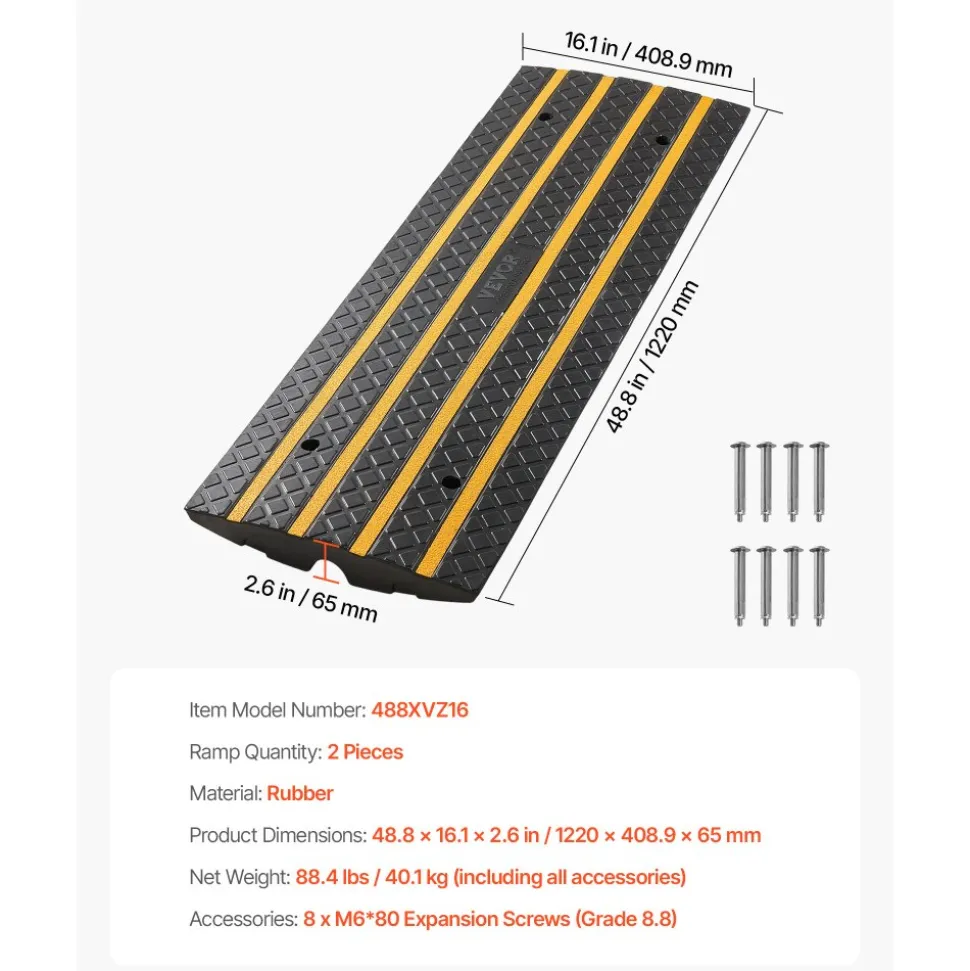 VEVOR Car Driveway Rubber Curb Ramp, 33069 lbs Load Capacity, 2.6 inch Rise Curbside Bridge Ramp with Yellow Reflective Strips, Suitable for Loading Dock, Warehouse, Garage, Sidewalk (2 Pack)