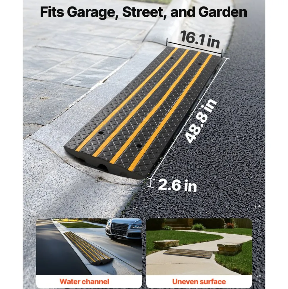 VEVOR Car Driveway Rubber Curb Ramp, 33069 lbs Load Capacity, 2.6 inch Rise Curbside Bridge Ramp with Yellow Reflective Strips, Suitable for Loading Dock, Warehouse, Garage, Sidewalk (2 Pack)