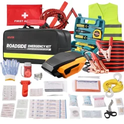 VEVOR Car Emergency Kit, 2-in-1 First Aid Kit with Jumper Cables, Essential Roadside Emergency Car Kits for Vehicle, Travel and Home, 32-Piece Auto Road Side Assistance Tools with Medical Aid Kits