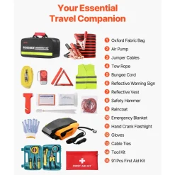 VEVOR Car Emergency Kit, 2-in-1 First Aid Kit with Jumper Cables, Essential Roadside Emergency Car Kits for Vehicle, Travel and Home, 32-Piece Auto Road Side Assistance Tools with Medical Aid Kits
