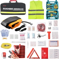 VEVOR Car Emergency Kit, 2-in-1 First Aid Kit with Jumper Cables, Essential Roadside Emergency Car Kits for Vehicle, Travel and Home, 32-Piece Auto Road Side Assistance Tools with Medical Aid Kits
