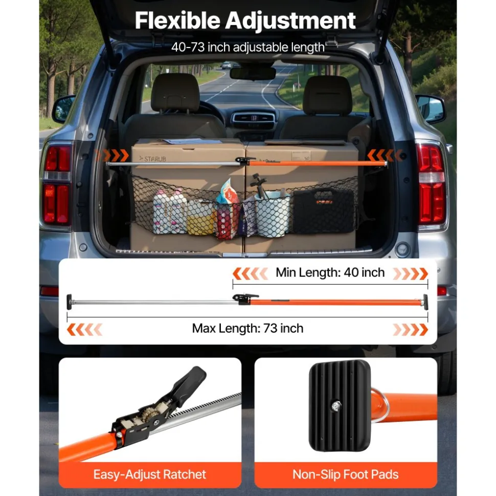 VEVOR Cargo Bar, Cargo Bar Adjustable from 40" to 73", Heavy-duty Steel Cargos Stabilizer with Storage Net & Non-Slip Foot Pads, Telescoping Load Lock Bars Stop Sliding for SUVs, Sedans