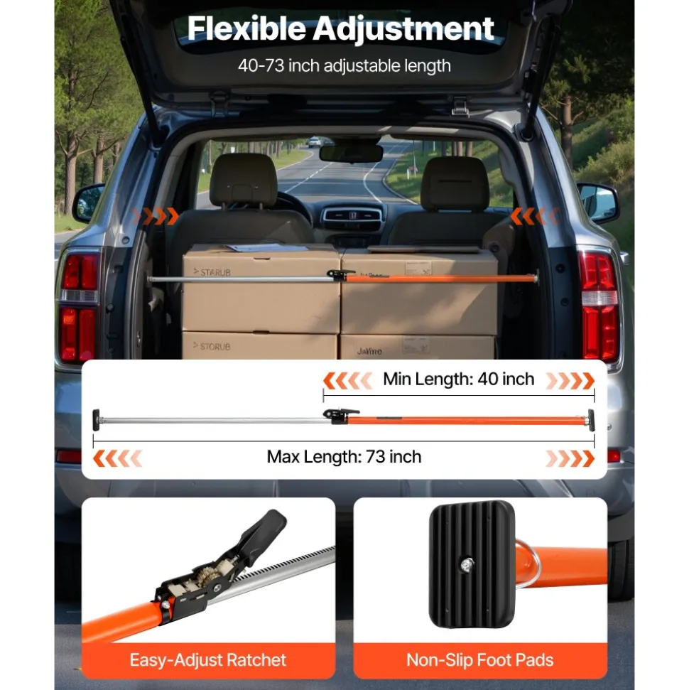 VEVOR Cargo Bar, Cargo Bar Adjustable from 40" to 73", Heavy-duty Steel Cargos Stabilizer with Non-Slip Foot Pads, Telescoping Load Lock Bars Stop Sliding for SUVs, Sedans