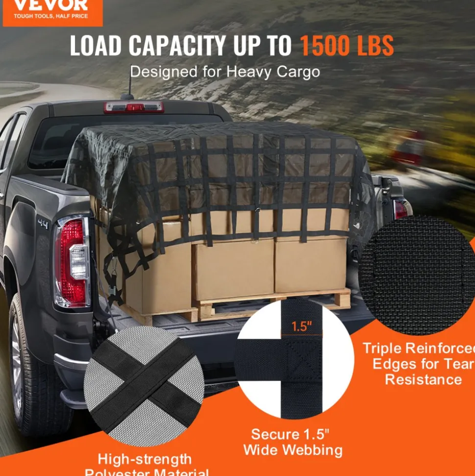 VEVOR Cargo Net, 120 in x 105 in, Heavy Duty Truck Cargo Net for Truck Bed, 4 Adjustable Straps with Carabiners & S-Hooks, Wear-resistant & Weather-proof, Suitable for Pickup, Truck, Jeep, SUV, Boat