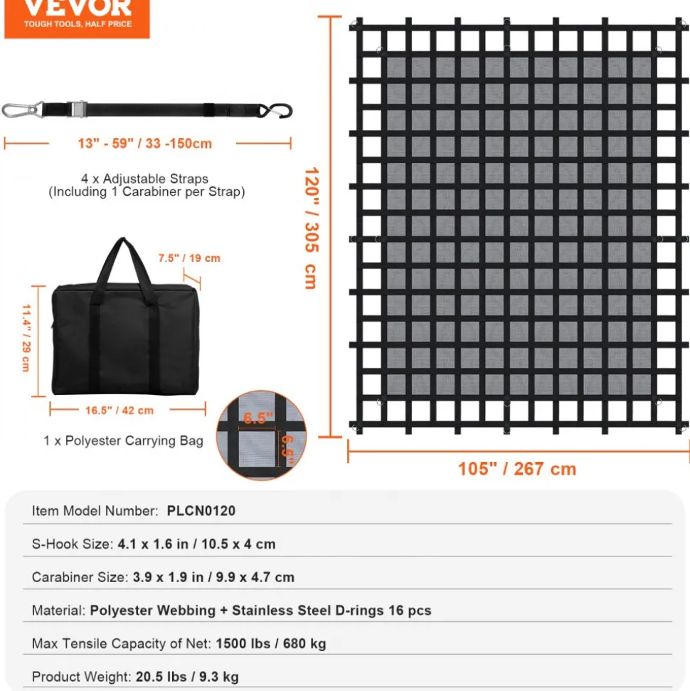 VEVOR Cargo Net, 120 in x 105 in, Heavy Duty Truck Cargo Net for Truck Bed, 4 Adjustable Straps with Carabiners & S-Hooks, Wear-resistant & Weather-proof, Suitable for Pickup, Truck, Jeep, SUV, Boat