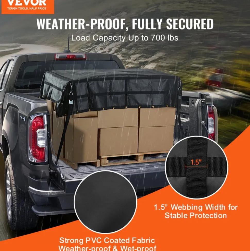 VEVOR Cargo Net, 72 in x 57 in, Heavy Duty Truck Cargo Net for Truck Bed, 4 Adjustable Straps with Carabiners and Rubber Coated Hooks, Durable, Suitable for Pickup, Jeep, Truck, SUV, Boat (Black)