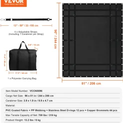 VEVOR Cargo Net, 72 in x 57 in, Heavy Duty Truck Cargo Net for Truck Bed, 4 Adjustable Straps with Carabiners and Rubber Coated Hooks, Durable, Suitable for Pickup, Jeep, Truck, SUV, Boat (Black)