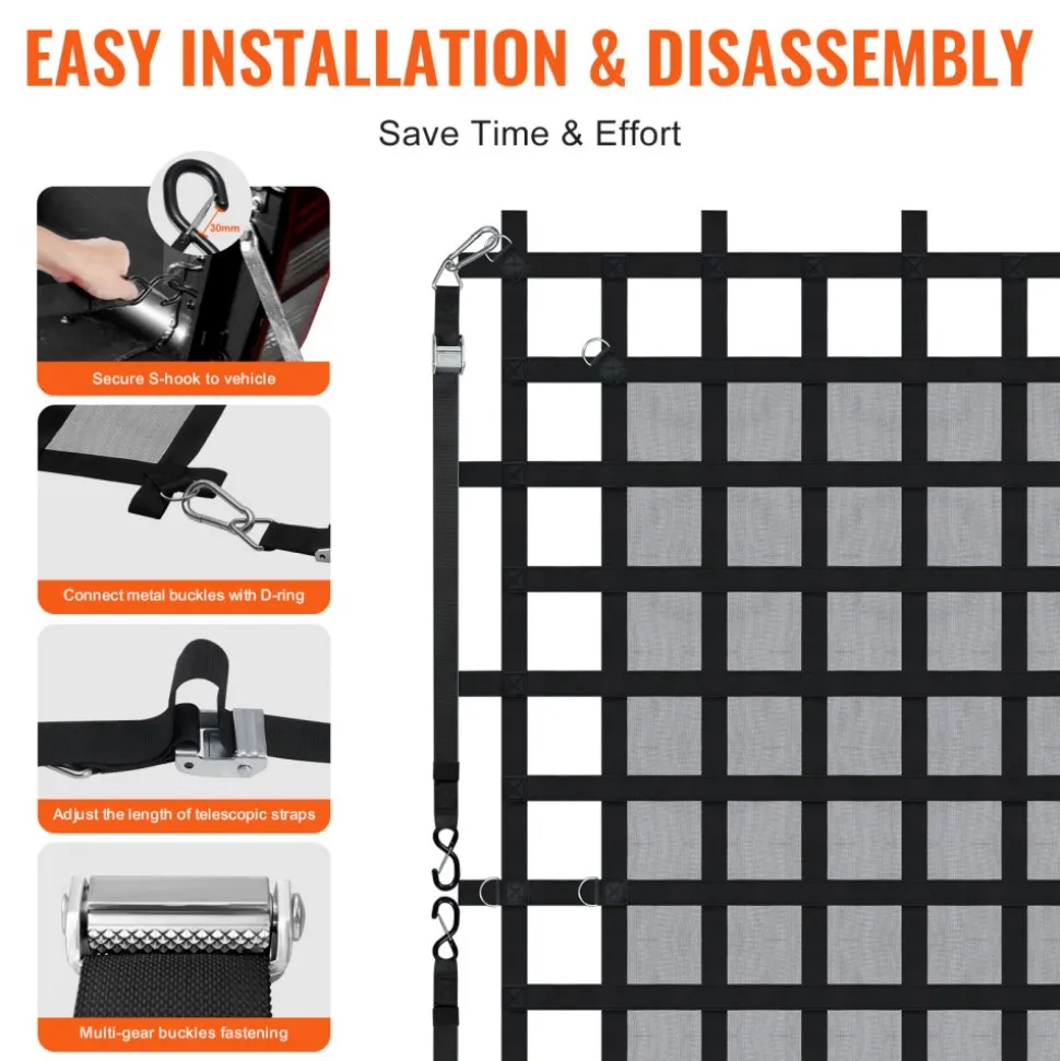 VEVOR Cargo Net, 96 in x 81 in, Heavy Duty Truck Cargo Net for Truck Bed, 4 Adjustable Straps with Carabiners & S-Hooks, Wear-resistant & Weather-proof, Suitable for Pickup, Truck, Jeep, SUV, Boat