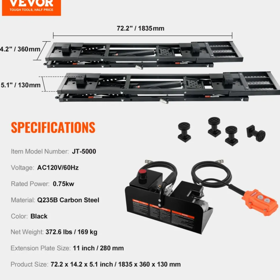 VEVOR Car Lift, 25.6" Max. Height, 5,000 LBS Capacity Portable Car Lift, with Extended-Length Plates, Heavy-duty Carbon Steel Truck Lift with 120V Power Unit, Auto Car Jack Lifts for Home Garage Shop