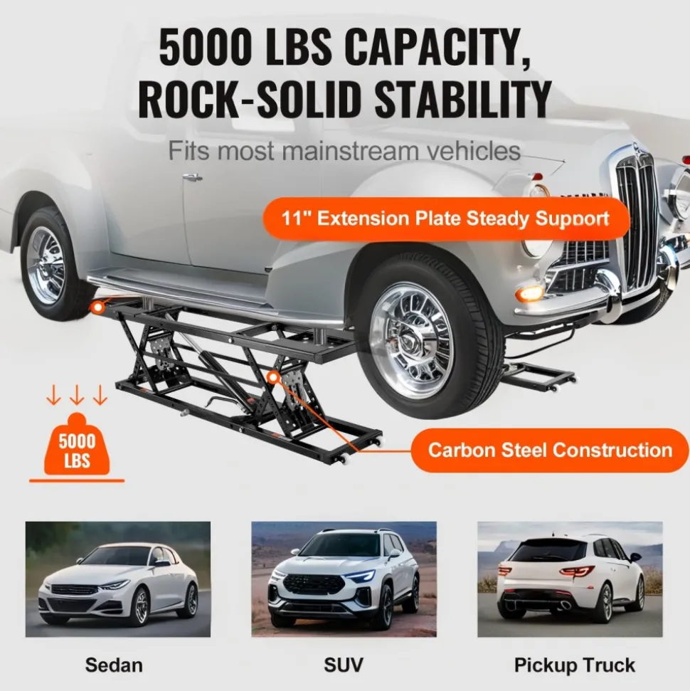 VEVOR Car Lift, 25.6" Max. Height, 5,000 LBS Capacity Portable Car Lift, with Extended-Length Plates, Heavy-duty Carbon Steel Truck Lift with 120V Power Unit, Auto Car Jack Lifts for Home Garage Shop