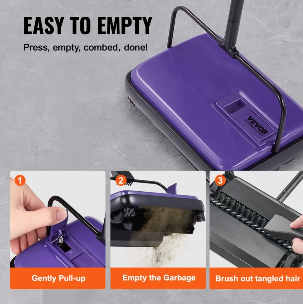 VEVOR Carpet Sweeper Manual, Floor Sweeper with 300 ml Dustbin Capacity Easy to Empty, 6.7 inch Cleaning Width for Home Office Carpets Pet Hair Dust, Purple