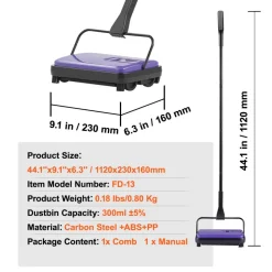 VEVOR Carpet Sweeper Manual, Floor Sweeper with 300 ml Dustbin Capacity Easy to Empty, 6.7 inch Cleaning Width for Home Office Carpets Pet Hair Dust, Purple