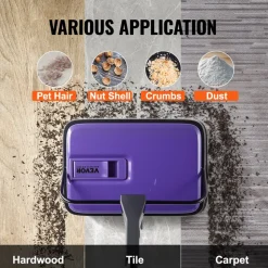 VEVOR Carpet Sweeper Manual, Floor Sweeper with 300 ml Dustbin Capacity Easy to Empty, 6.7 inch Cleaning Width for Home Office Carpets Pet Hair Dust, Purple