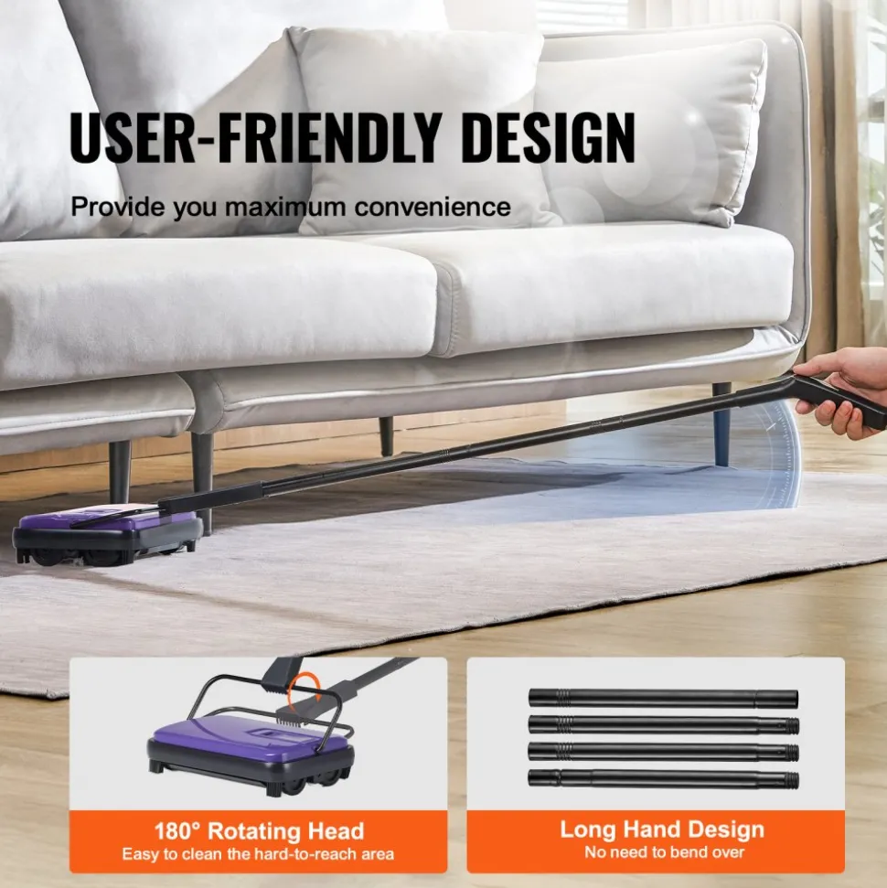 VEVOR Carpet Sweeper Manual, Floor Sweeper with 300 ml Dustbin Capacity Easy to Empty, 6.7 inch Cleaning Width for Home Office Carpets Pet Hair Dust, Purple