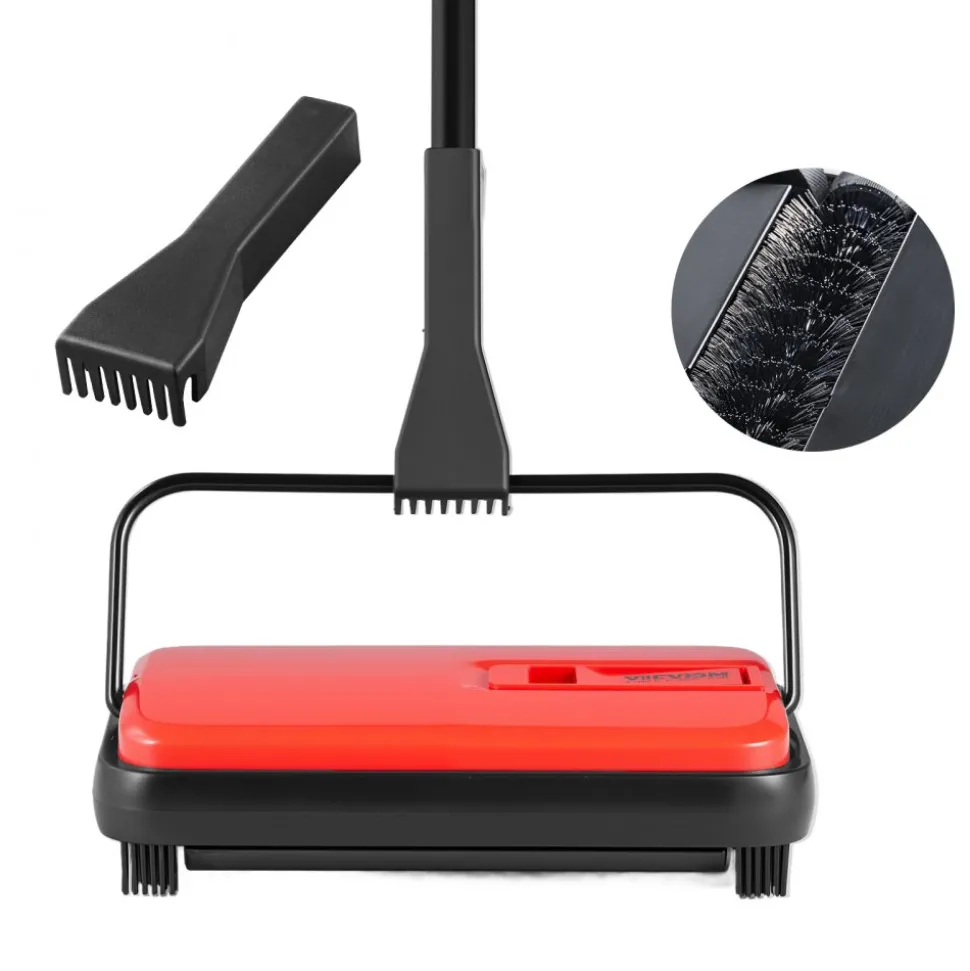 VEVOR Carpet Sweeper Manual, Floor Sweeper with 300 ml Dustbin Capacity Easy to Empty, 6.7 inch Cleaning Width for Home Office Carpets Pet Hair Dust, Red