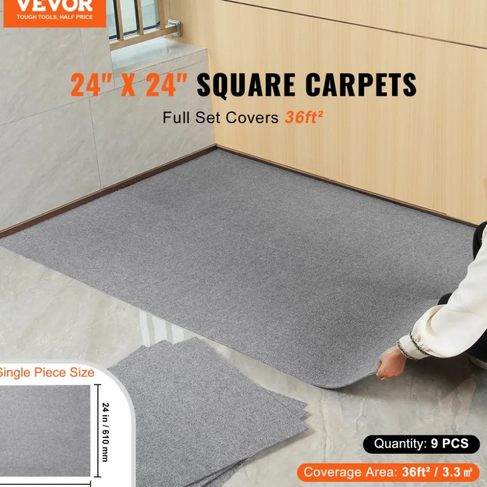 VEVOR Carpet Tiles Peel and Stick, 24” x 24” Squares Self Adhesive Carpet Floor Tile, Soft Padded Carpet Tiles, Easy Install DIY for Bedroom Living Room Indoor Outdoor (9Tiles, Light Gray)
