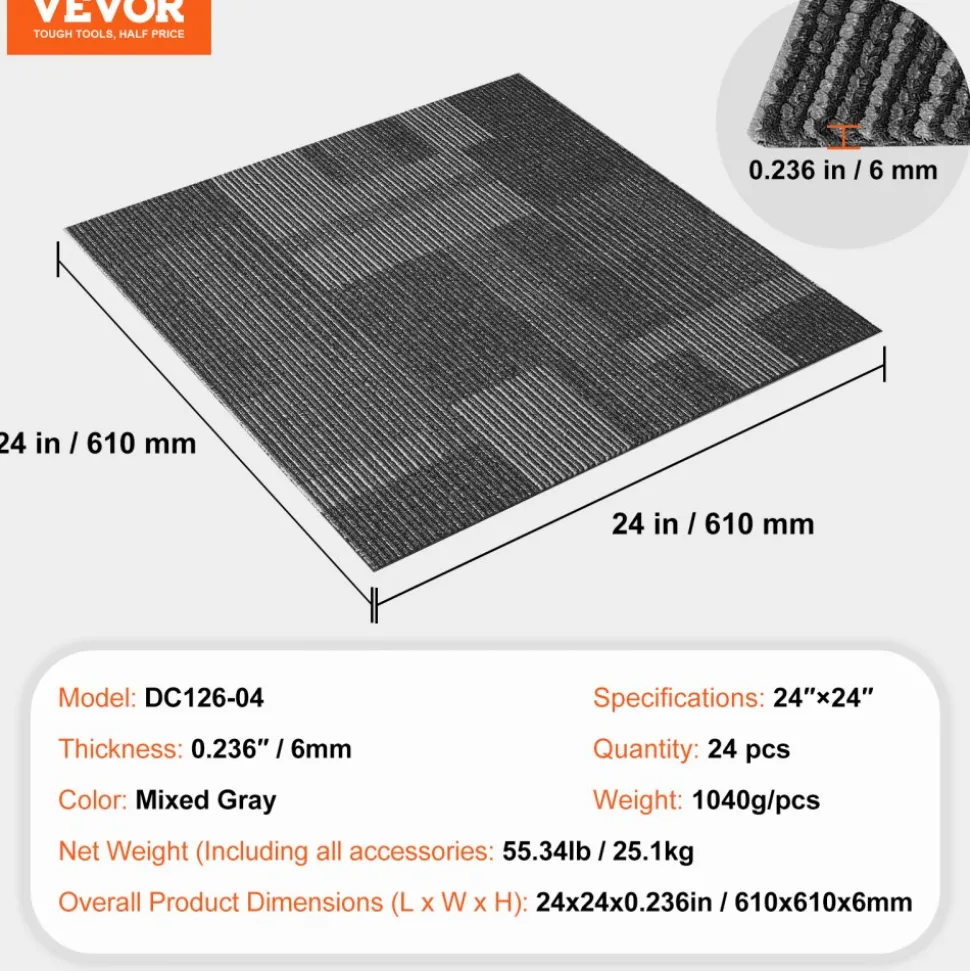 VEVOR Carpet Tiles Reusable, 24"x 24"Carpet Squares With Padding Attached, Soft Padded Carpet Tiles, Easy Install DIY for Bedroom Living Room (24Tiles, Mixed Gray)
