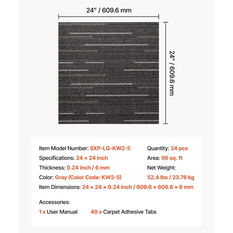 VEVOR Carpet Tiles Reusable 24x24 inch, 24 PCS Modular Carpet Square Rug, Commercial Floor Soft Padded for Seamless Cover 96sq.ft, Easy DIY Replacement for Living Room Bedroom Office Indoor,Gray