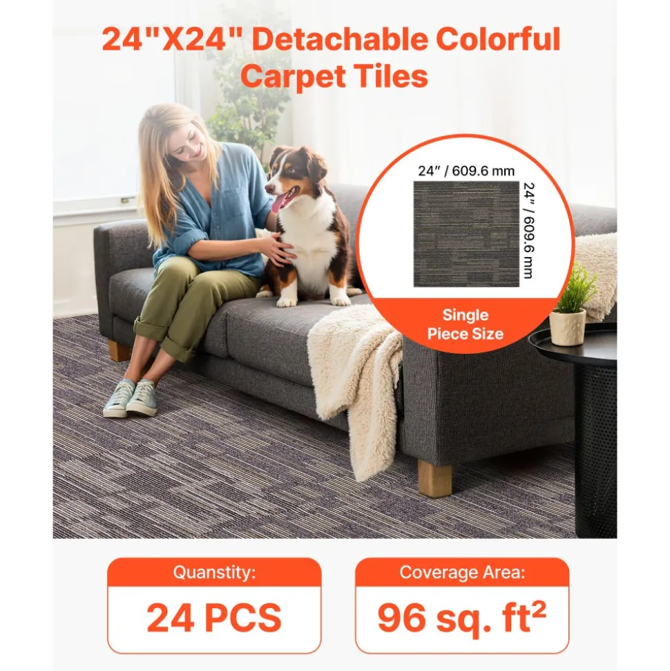 VEVOR Carpet Tiles Reusable 24x24 inch, 24 PCS Modular Carpet Square Rug, Commercial Floor Soft Padded for Seamless Cover 96sq.ft, Easy DIY for Living Room Bedroom Office Indoor,Dark Brown