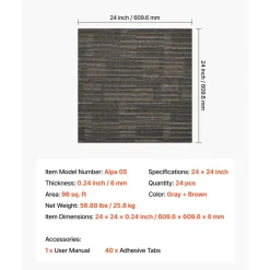 VEVOR Carpet Tiles Reusable 24x24 inch, 24 PCS Modular Carpet Square Rug, Commercial Floor Soft Padded for Seamless Cover 96sq.ft, Easy DIY for Living Room Bedroom Office Indoor,Dark Brown