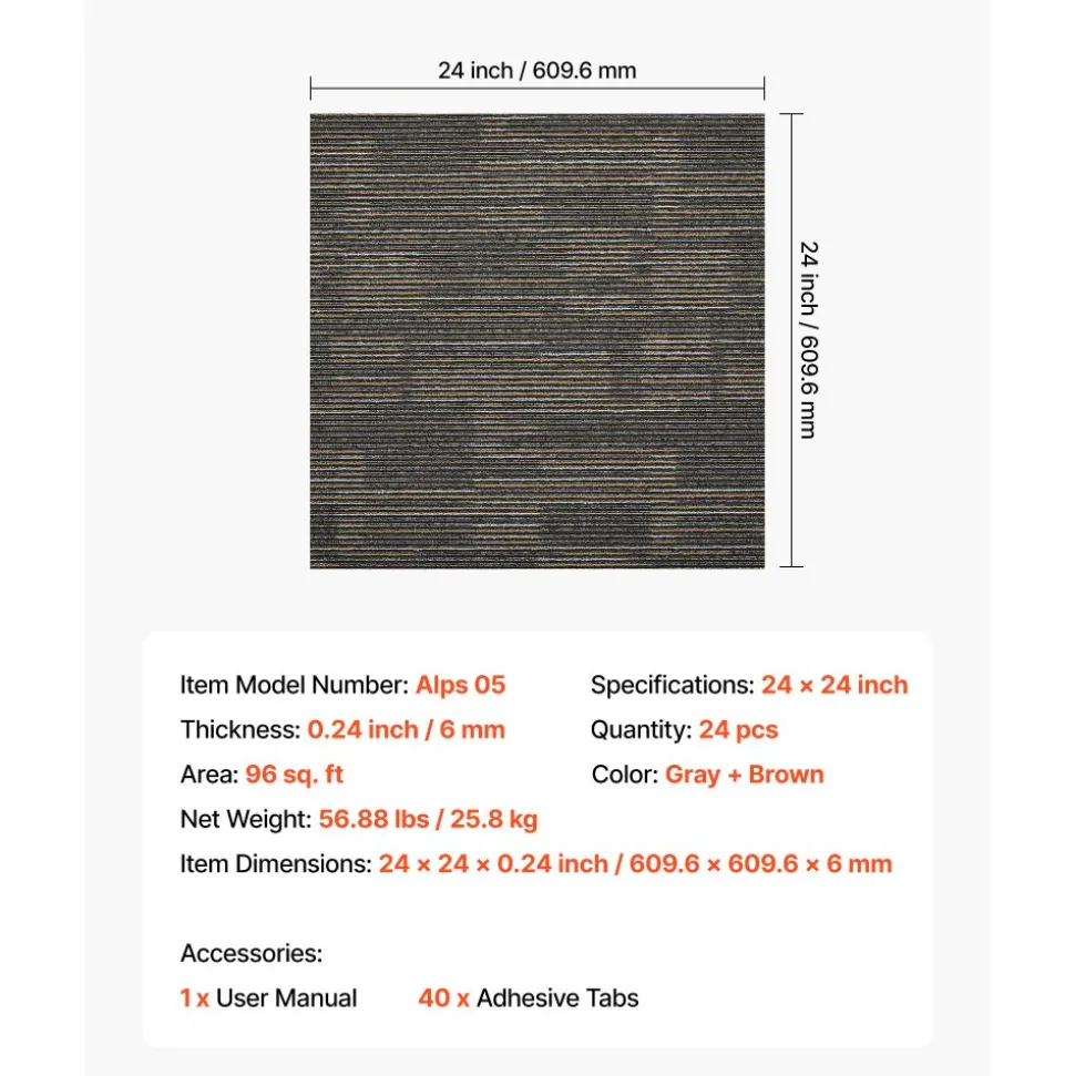 VEVOR Carpet Tiles Reusable 24x24 inch, 24 PCS Modular Carpet Square Rug, Commercial Floor Soft Padded for Seamless Cover 96sq.ft, Easy DIY for Living Room Bedroom Office Indoor,Dark Brown