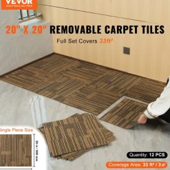 VEVOR Carpet Tiles Reusable, 20"x 20"Carpet Squares With Padding Attached, Soft Padded Carpet Tiles, Easy Install DIY for Bedroom Living Room (12Tiles, Mixed Brown)